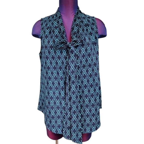 41 Hawthorn‎ Astrid Tie Neck Navy Teal Moroccan Print Sleeveless Top Small - Picture 8 of 8